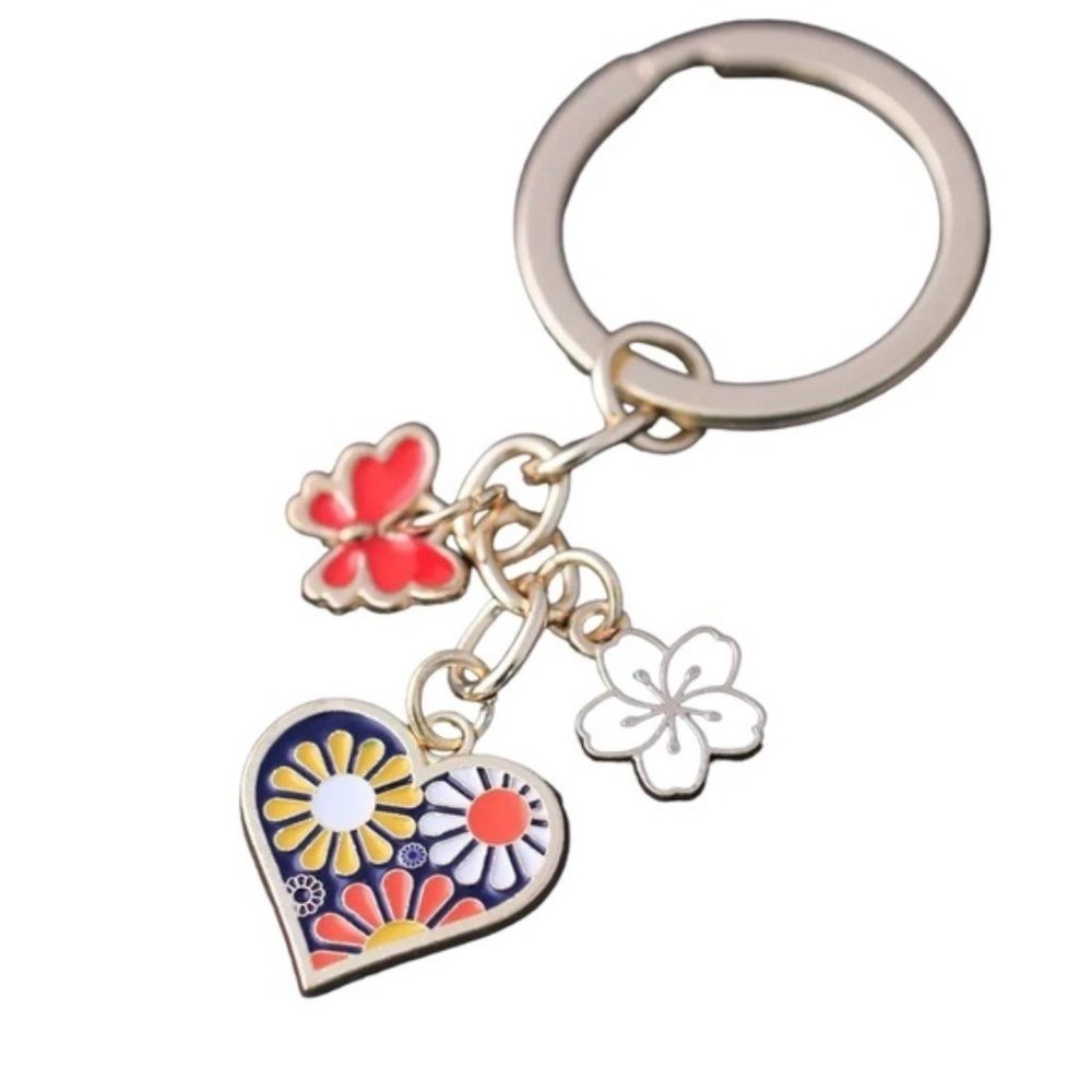 New Enamel Flower Butterfly Gold Tone Heart Bag Charm Keychain